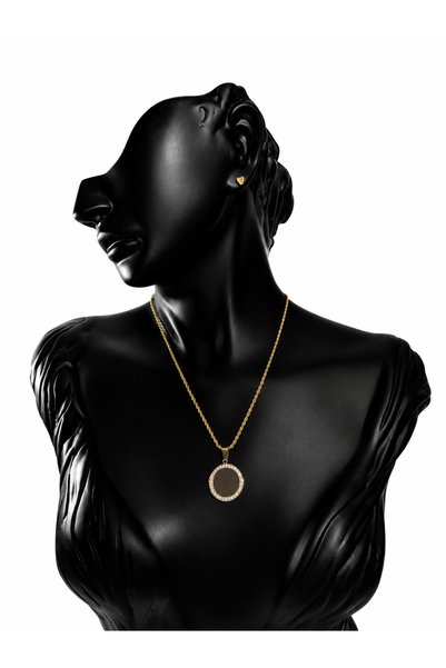 HediyemStil Gold Color Round Frame Zircon Design Stainless Steel Women's Necklace