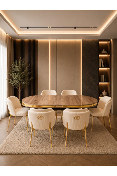 Concept Ayz Home Lara Gold Serisi Krem-Krem Kumaş 6 Kişilik 90×168 Oval Ceviz...