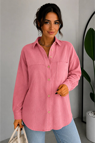 MetuCA Women's Pink Cotton Linen Single Pocket Bohemian Pinterest Oversize Shirt