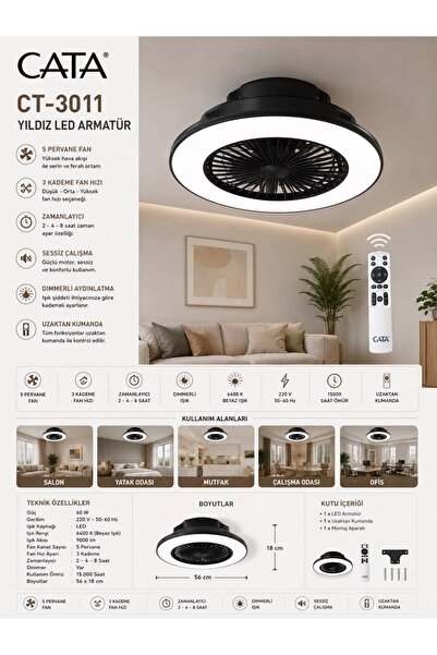 Cata CT-3011 YILDIZ KUMANDALI LED TAVAN VANTİLATÖRÜ 3 RENK SESSİZ TAVAN FANI ...