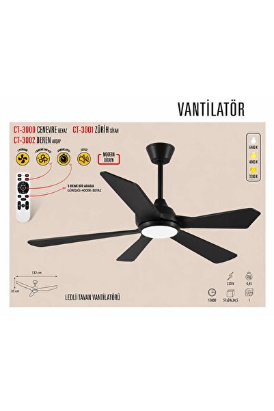 Cata CT-3001 ZÜRİH LEDLİ TAVAN KUMANDALI VANTİLATÖRÜ