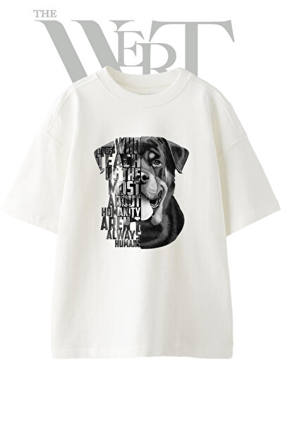 THEWERT Rottweiler Portrait Design Printed Unisex White Oversize T-Shirt