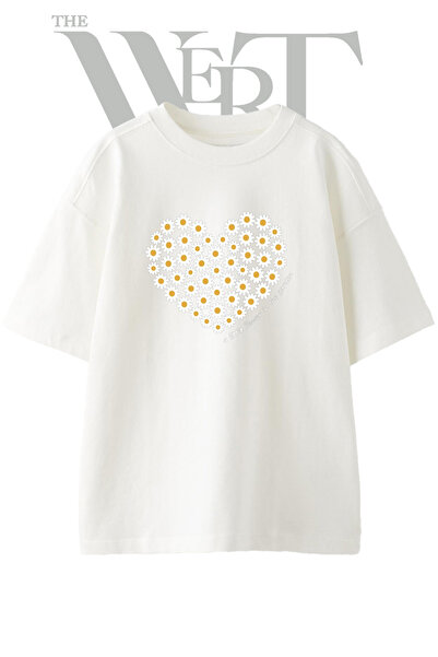 THEWERT Daisy Heart Design Printed Unisex White Oversize T-Shirt
