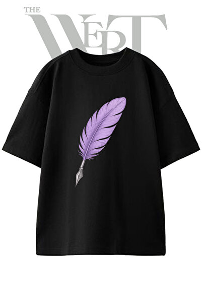 THEWERT Quill Pen Design Printed Unisex Black Oversize T-Shirt