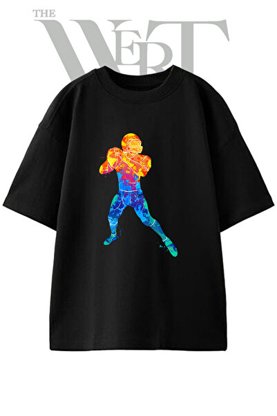 THEWERT Tricou oversize negru unisex cu imprimeu cu design de fotbal și strop...