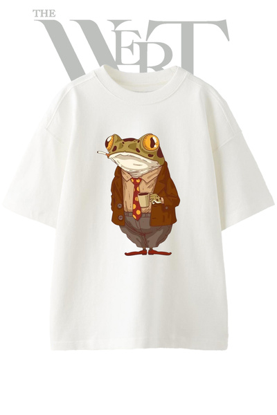 THEWERT تي شيرت أبيض كبير الحجم مطبوع بتصميم Isadami Frog للجنسين