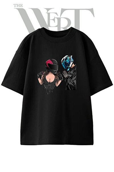 THEWERT Motorcu Cift_1 Design Printed Unisex Black Oversize T-Shirt