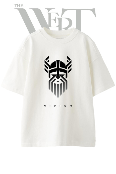 THEWERT Tricou oversize alb unisex cu imprimeu Viking Kafasi Design