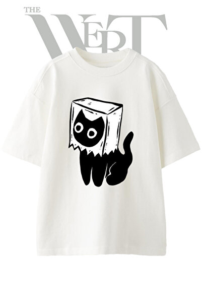 THEWERT Cat Box Design Printed Unisex White Oversize T-Shirt