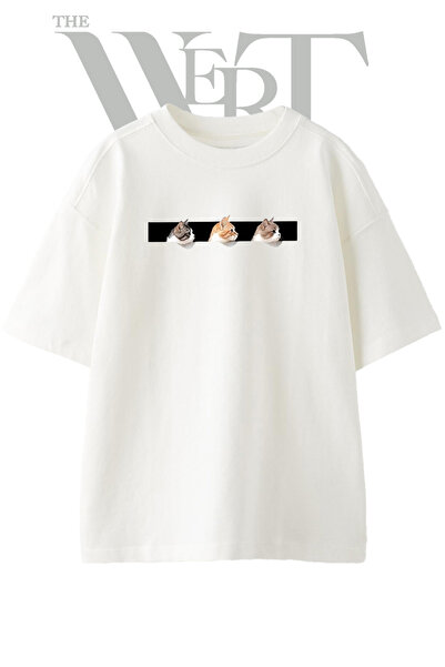 THEWERT Cat Profiles Design Printed Unisex White Oversize T-Shirt