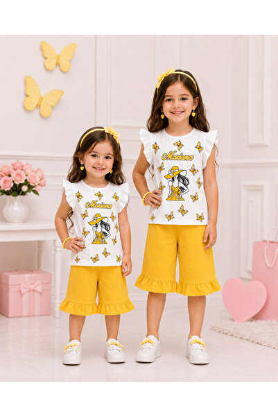 Generic Brand Girls' Butterfly Printed Ruffle Detailed T-Shirt and Long Short...