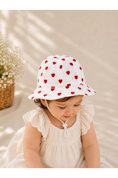 Minimissbaby White Red Heart Printed 100% Cotton Linen Baby Girl Hat