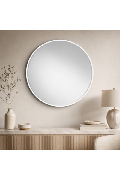 on home مرآة دائرية بإطار من الألومنيوم الأبيض - مقاس 70 × 70 سم