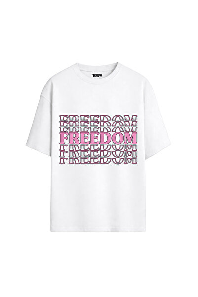 Freedom Baskılı PREMİUM Bisiklet Yaka %100 Pamuk kısa kollu Oversize Tshirt E-05