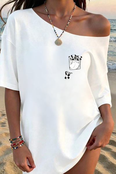 OVER HEAD Tricou de damă cu imprimeu Panda, cu gât barcă și umeri goi, 100% b...