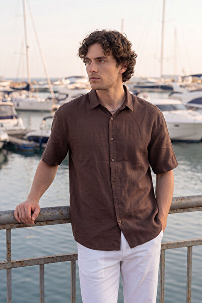 MENOFOURSWEAR Men's Premium Short Sleeve 100% Cotton Regular-Fit Flam Linen S...