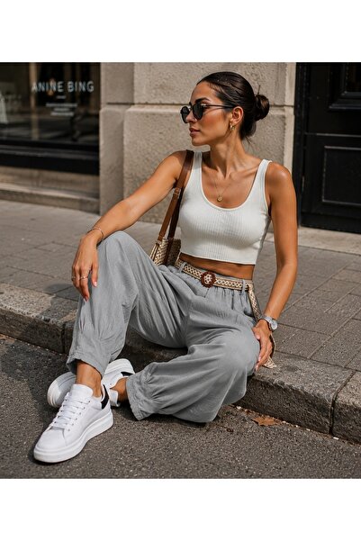 Rosidam Leg Clamp Detailed Elastic Waist Belted Linen Trousers