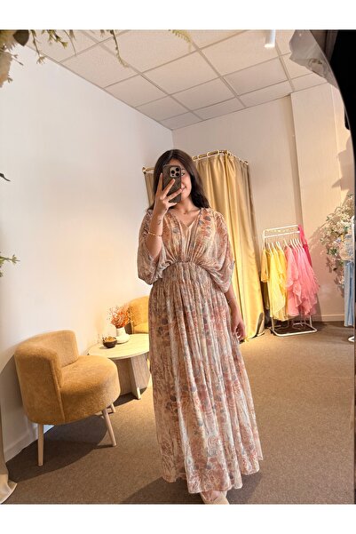Alâ Butik Official Desenli Büzgü Bel Şifon Maxi Elbise