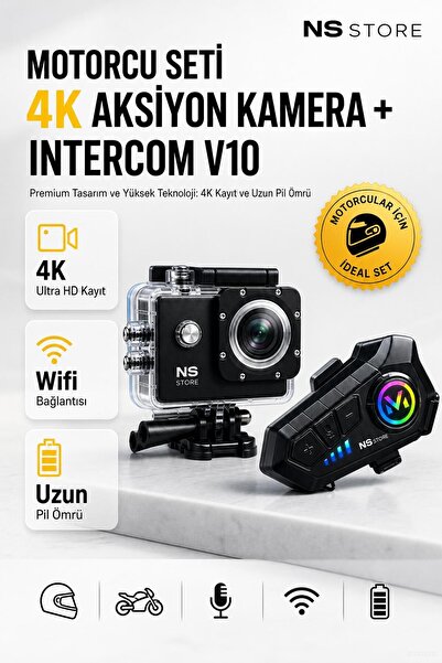 NS Store 4K Ultra HD Motorcu Aksiyon Kamera ve V10 Kask Intercom Sürüş İletişim Kayıt Seti