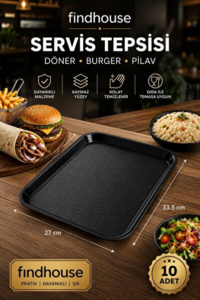 findhouse 10 ADET Siyah ABS Servis Tepsisi 27x33,5cm Fast Food , Burger , Dön...