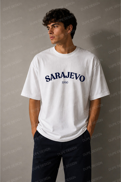Dupe Design Bosna Printed Oversize Unisex White T-Shirt