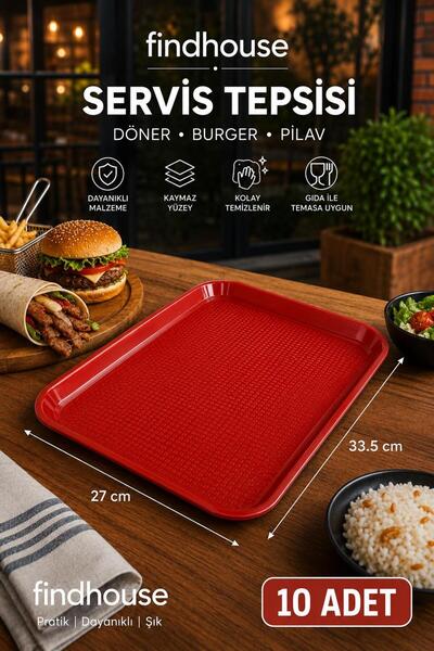 findhouse 10 ADET Kırmızı Servis Tepsisi 27x33,5cm Fast Food , Burger , Döner...