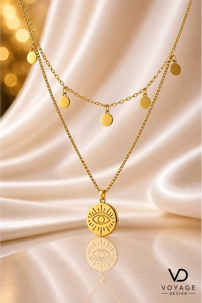 voyageaccessory Stainless Steel Gold Color Minimal Design Layered Evil Eye Ne...
