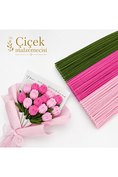KLC Çiçek Malzemecisii 75 Adet 3’lü Şönil Tel Seti | Pembe, Pudra ve Haki Yeş...