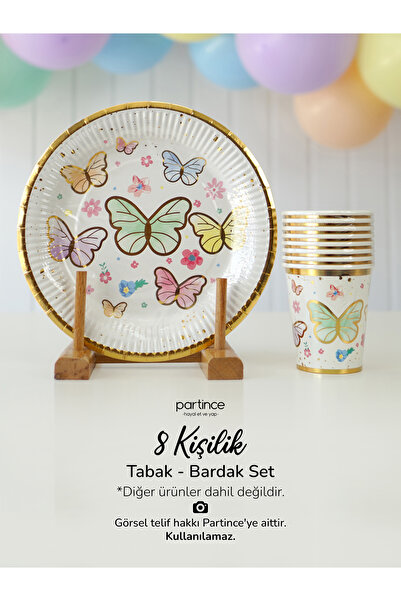 partince 8 Kişilik Makaron Kelebek Tema Kullan At Karton Tabak Bardak Yaldızl...