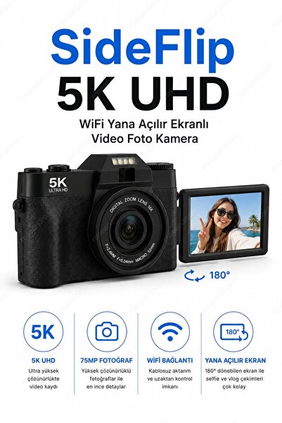 RoseandRoses SideFlip 5K UHD WiFi Yana Açılır Ekranlı Video Foto Kamera (Siyah)