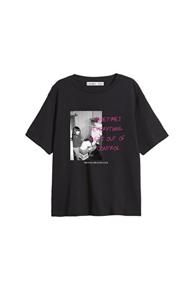 CİNEMA MODA Tricou negru pentru femei, cu imprimeu Gets Out Of Control, croia...