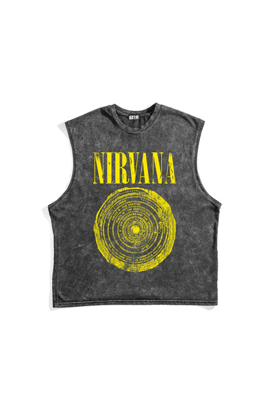 Sekizbiraltı Nirvana Circle Baskılı Yıkamalı Siyah Sıfır Kol Tshirt