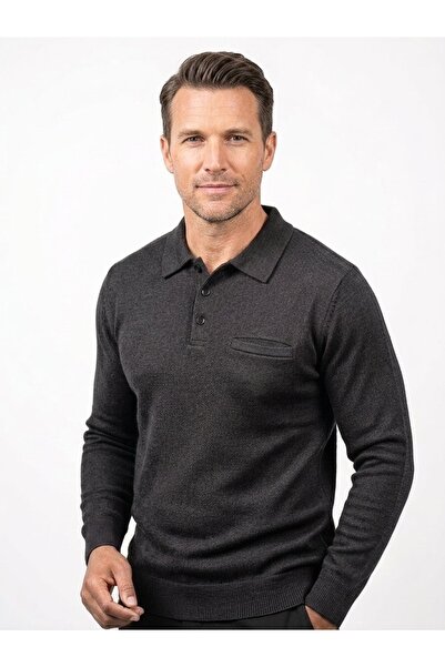 ONNO Men's Polo Collar Tricot Sweater with Elastic Waist, Steel Knitting, Cla...