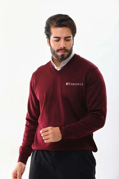 Mariposa Secret Men's V-Neck Sweater Printed Woven Knitwear - Claret Red