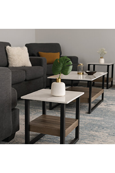 GLAMOURE HOME طقم طاولات ضيافة مودرن 5 قطع (سطح رخامي وأرفف خشبية)
