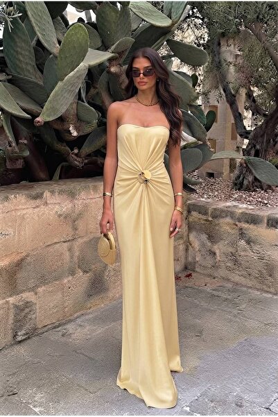 Bohai Design Straplez Önü Gold Tokalı Sarı Saten Elbise