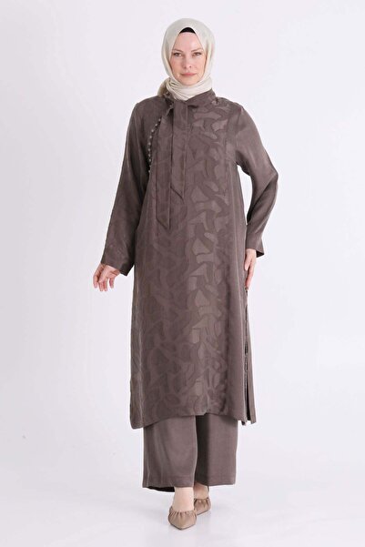 ottoman wear Behrem Büyük Beden Tesettür Pantolonlu Takım Koyu Vizon OTW35156