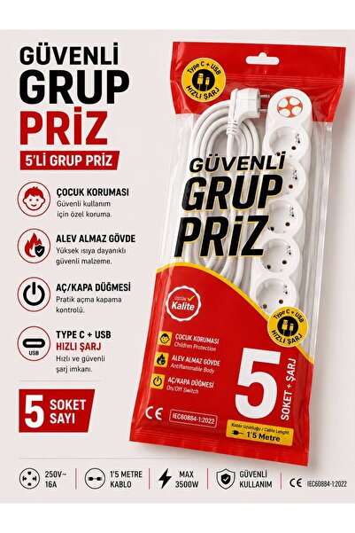 Tunçmatik 5'Lİ ANAHTARLI+TYPE C+USB +1.5 METRE GRUP PRİZ