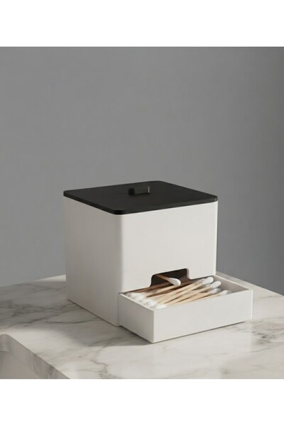 Onflow Modern Design Black Lid White Cotton Swab and Pad Organizer - Cosmetic...