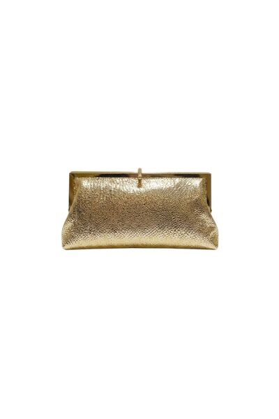 Sose Moda Elegant Lock Detailed Shiny Evening Dress and Shoulder Bag - Gold
