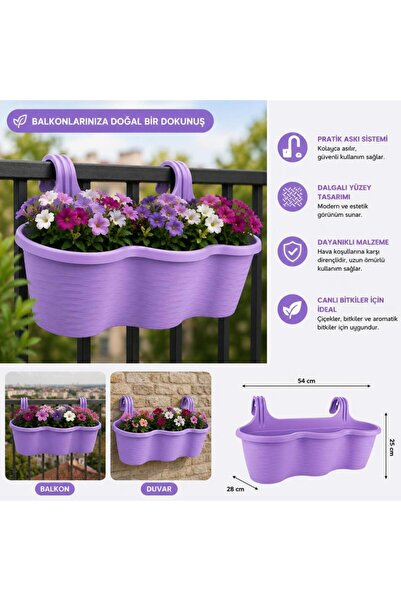 abnturk Pratik Dayanıklı Şık 10lt Lila Sahra Askılı Saksı 54x28x25cm Balkon K...
