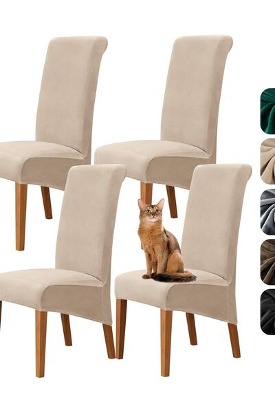 Dotail Set of 4 XL Chair Covers, Velvet, Universal Fit, 45 x 45 x 70 cm, Beige