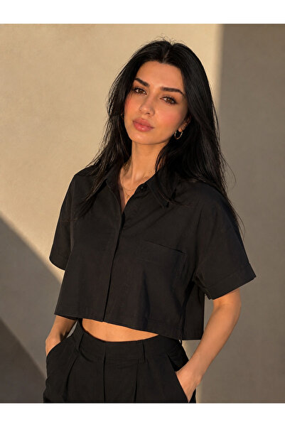 Genel Markalar Poplin Crop Gömlek Siyah