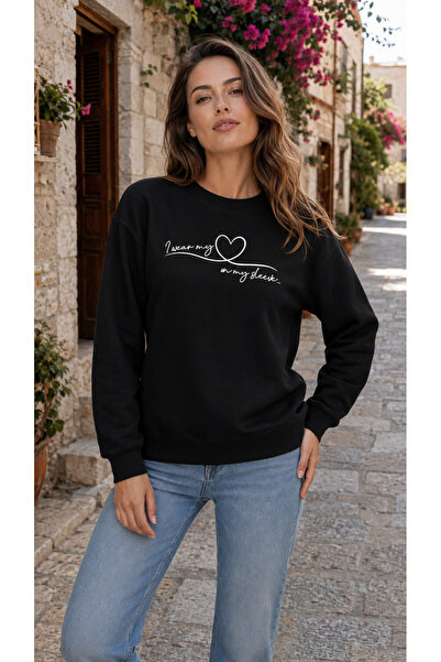 TREND EMMODA Women's Calligraphic Written Heart Printed Round Neck Casual Bas...