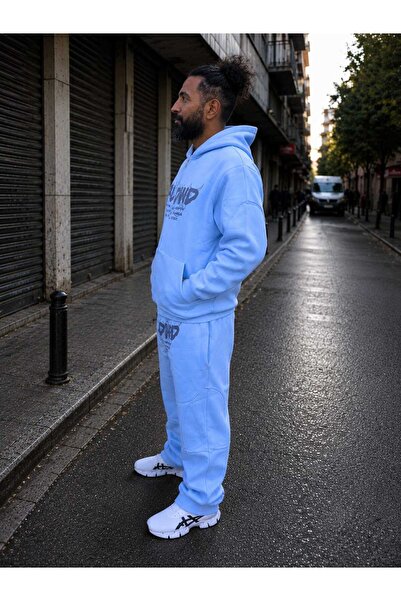 MCSPORT Unisex Oversize Baskılı Fermuarlı Mavi Eşofman Takımı