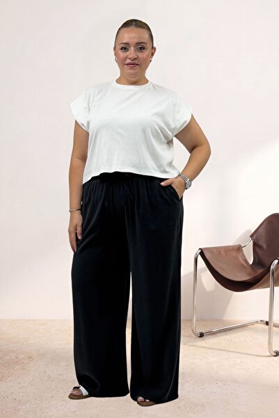 Eslina 69011 Large Size Wide Leg Cupra Trousers with Pockets and Elastic Wais...