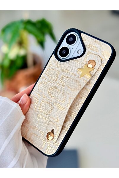 Go Aksesuar Iphone 16 Uyumlu Tutacaklı Yıldız Tasarımlı Deri Görünümlü Esnek Silikon Kılıf