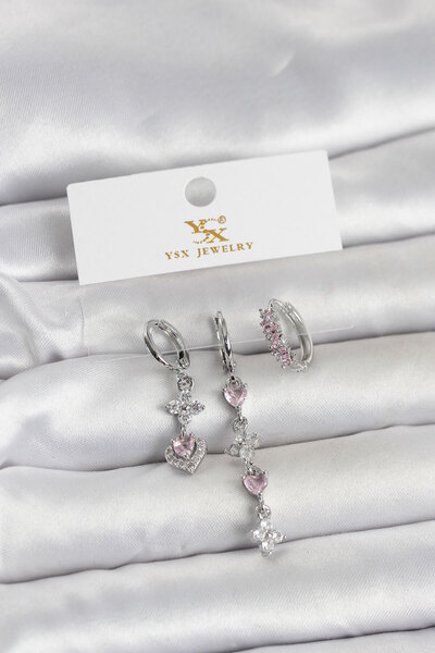 Mega Bazaar Brass Silver Color Pink Zircon Stone 3-Piece Women's Earrings