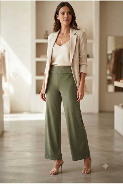 WOHOME Women's Stone Detailed High Waist Wide Leg Knitted Trousers