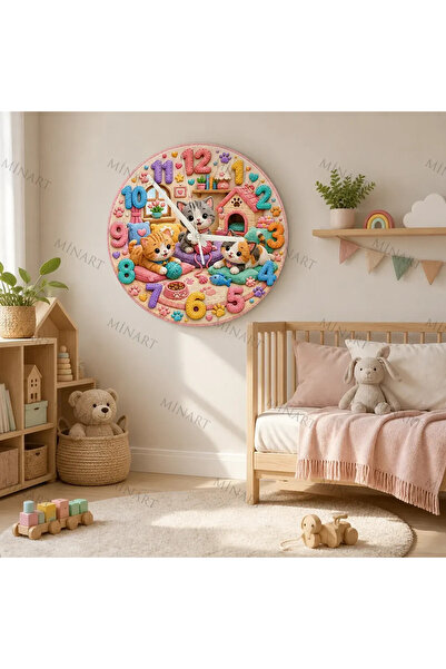 ensaat Fun Pastel Cat Kitten Children's Room Wall Clock Silent Wooden Clock 3...